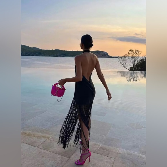 Capri Fringed Open Back Halter Midi Dress - Picture 2 of 4